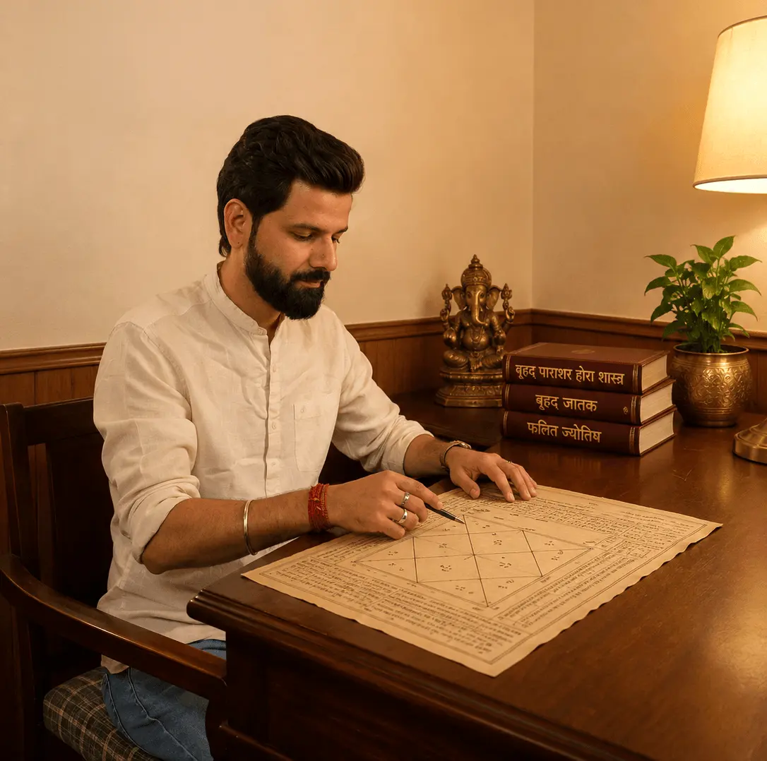 Karan Chopra reviewing a kundli chart